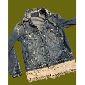 Medium Upcycled Jean Jacket Denim Cottagecore